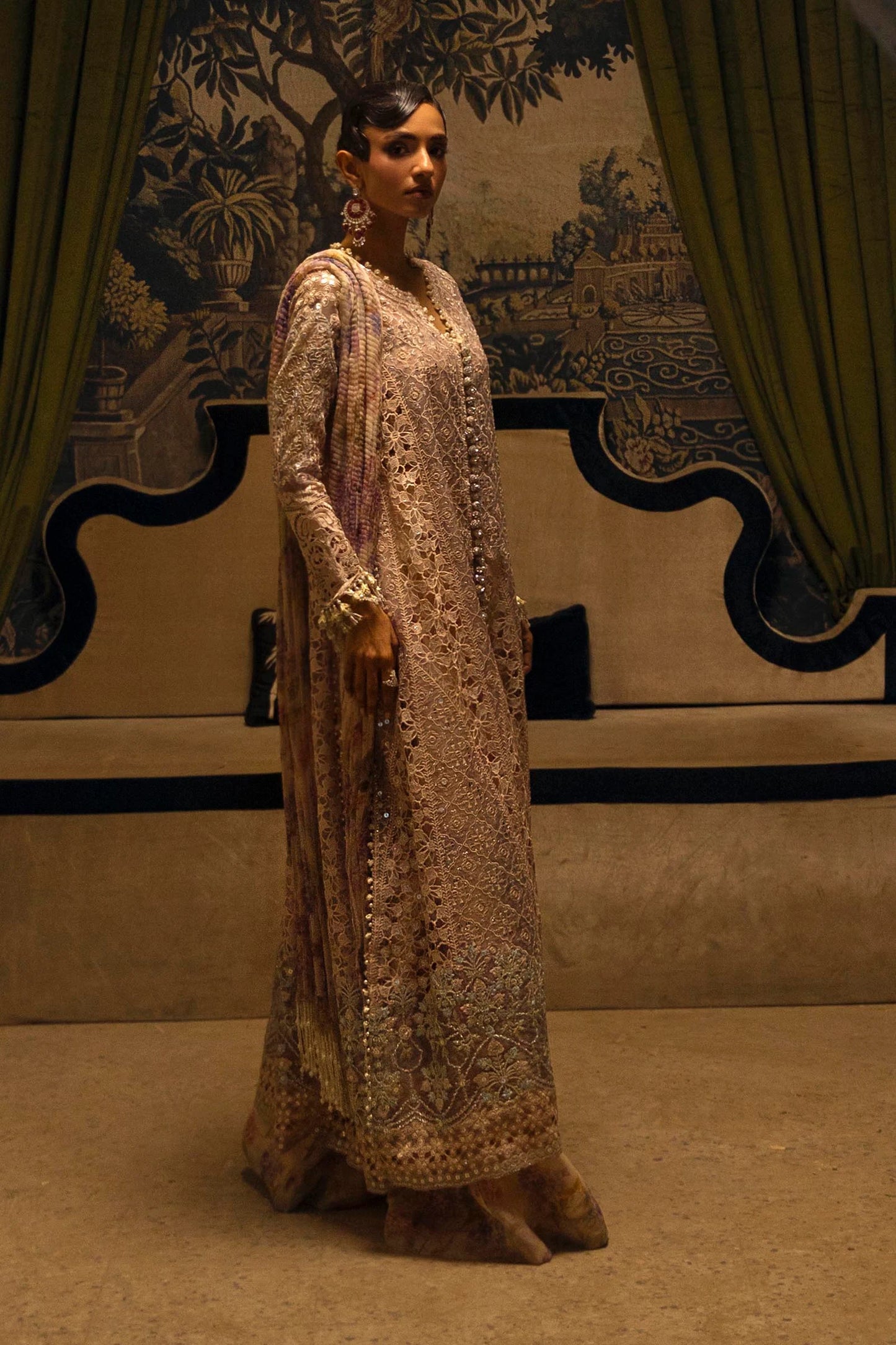 Model wearing pastel beige Sana Safinaz N251-004-3DJ outfit with mirror work and floral printed lehenga, Pakistani Luxury pret, Pakistani clothes online in UK.