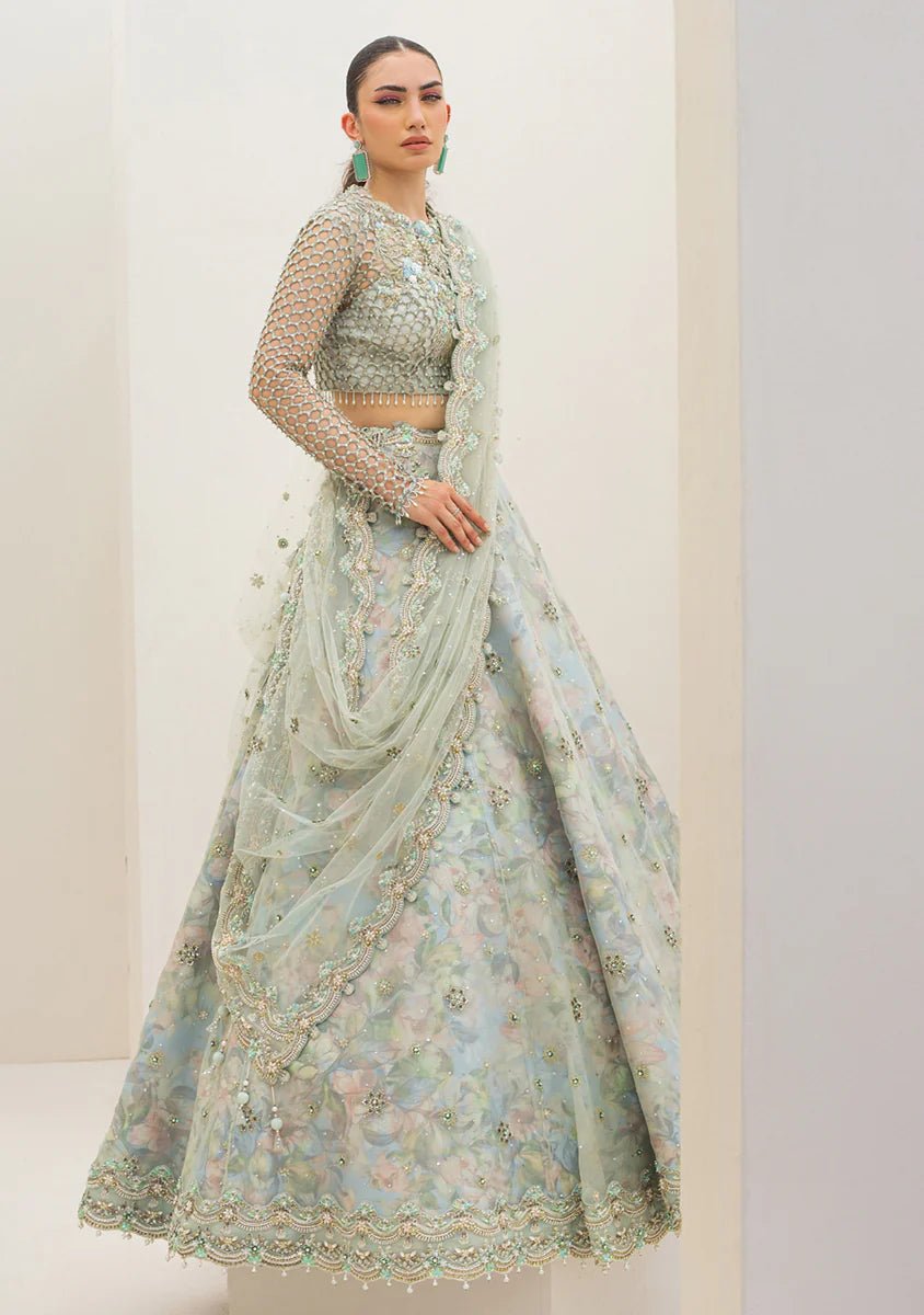 Model wearing Qalamkar Couture Nov '23 C - 01 ZERLIN'S dress, epitomizing Pakistani clothes online in the UK.
