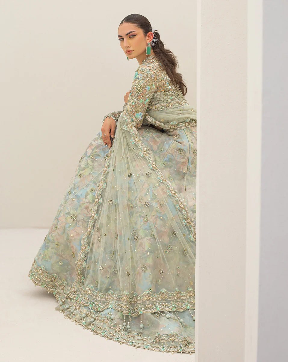 Model wearing Qalamkar Couture Nov '23 C - 01 ZERLIN'S dress, epitomizing Pakistani clothes online in the UK.