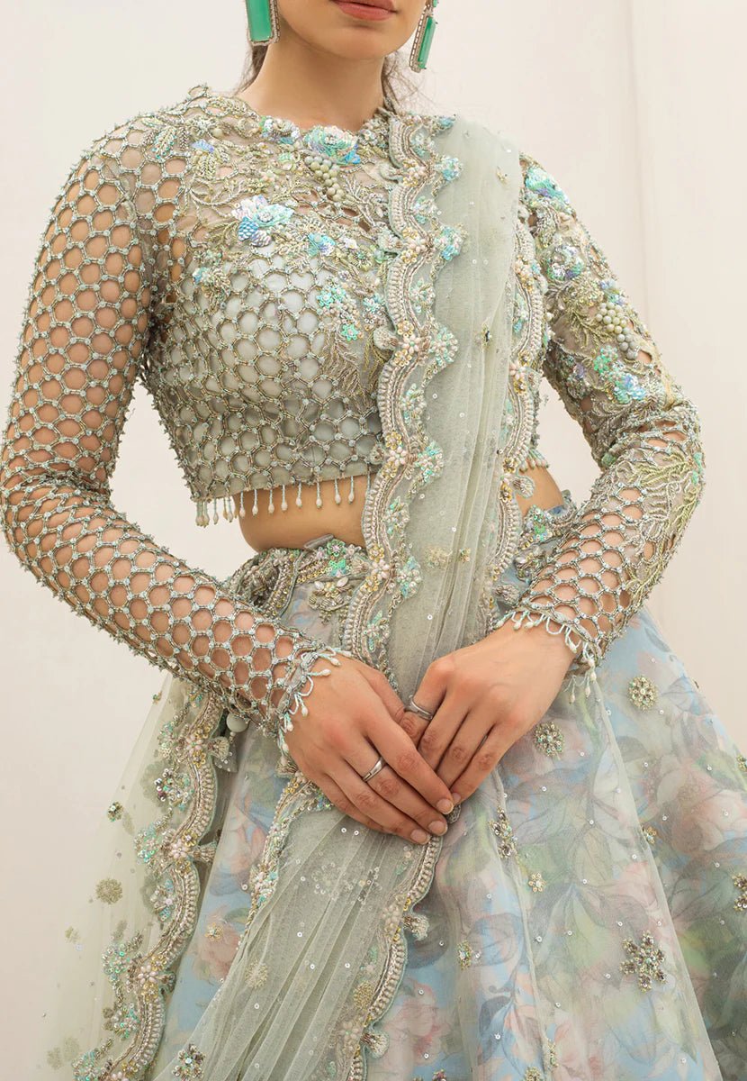Model wearing Qalamkar Couture Nov '23 C - 01 ZERLIN'S dress, epitomizing Pakistani clothes online in the UK.