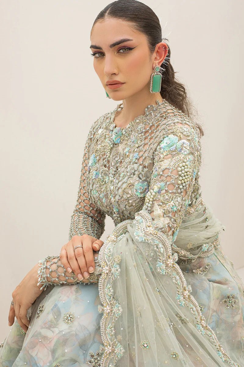 Model wearing Qalamkar Couture Nov '23 C - 01 ZERLIN'S dress, epitomizing Pakistani clothes online in the UK.
