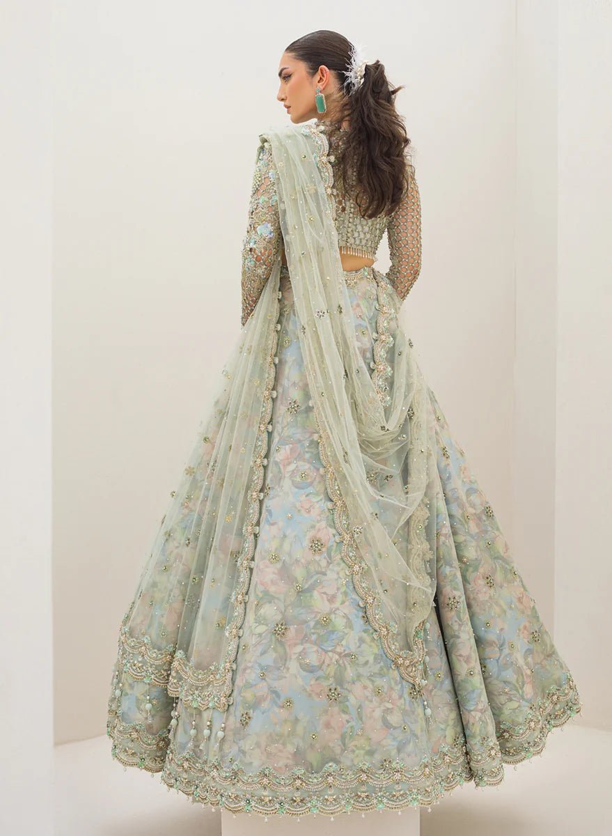 Model wearing Qalamkar Couture Nov '23 C - 01 ZERLIN'S dress, epitomizing Pakistani clothes online in the UK.