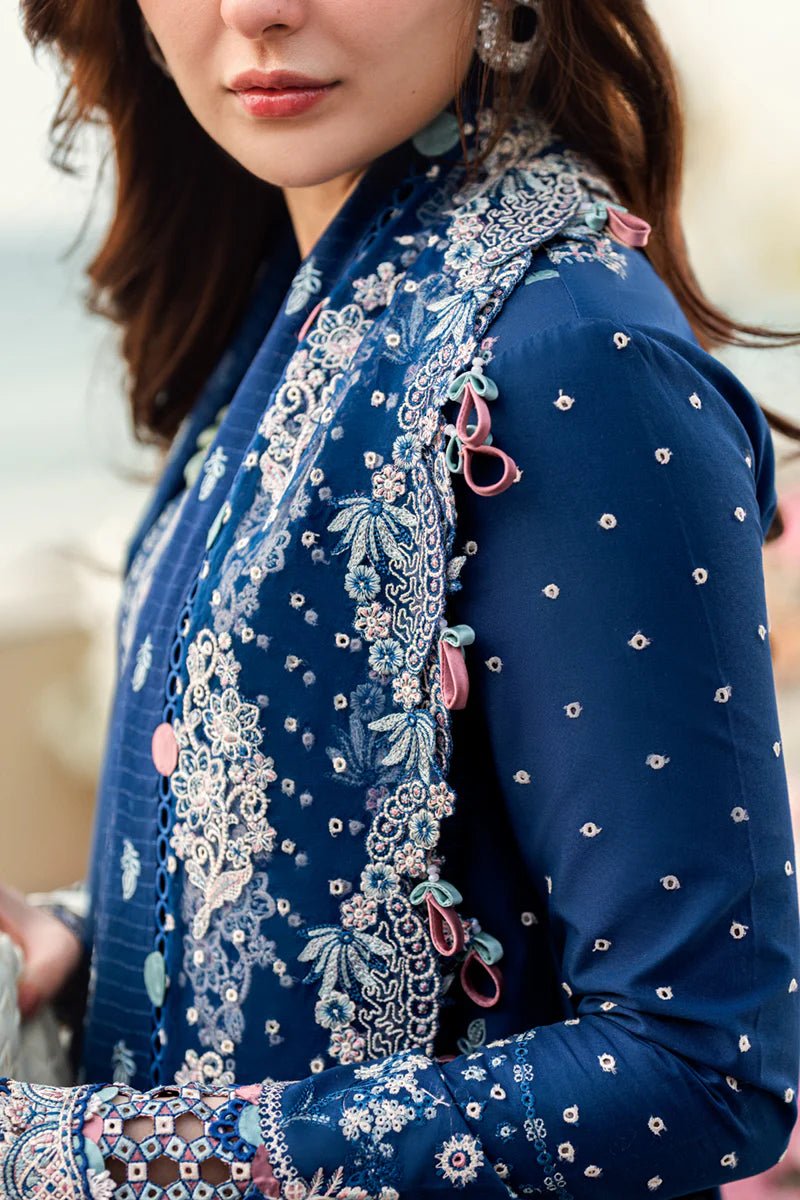 Model wearing Qalamkar Sahil Luxury Lawn '25 FK - 05 AURORA dress in navy blue with intricate embroidery. Shop Pakistani clothes online in the UK now.