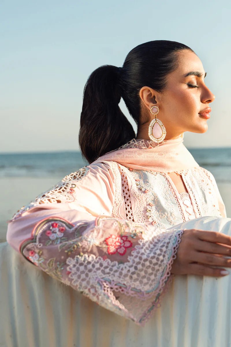 Model wearing Qalamkar Sahil Luxury Lawn '25 FK - 08 REEM dress in pastel pink with delicate embroidery. Shop Pakistani clothes online in the UK now.