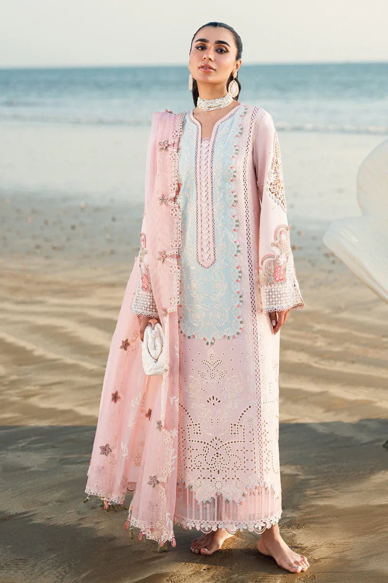Model wearing Qalamkar Sahil Luxury Lawn '25 FK - 08 REEM dress in pastel pink with delicate embroidery. Shop Pakistani clothes online in the UK now.