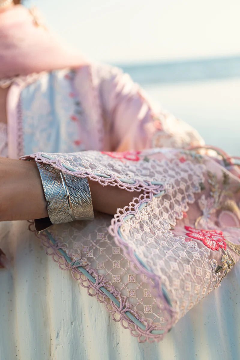 Model wearing Qalamkar Sahil Luxury Lawn '25 FK - 08 REEM dress in pastel pink with delicate embroidery. Shop Pakistani clothes online in the UK now.
