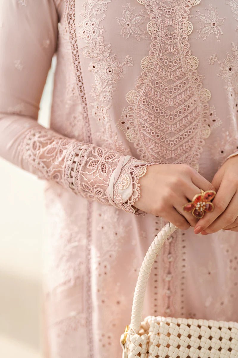 Model wearing Qalamkar Sahil Luxury Lawn '25 FK - 10 ZOE dress in soft pink with intricate embroidery. Shop Pakistani clothes online in the UK now.