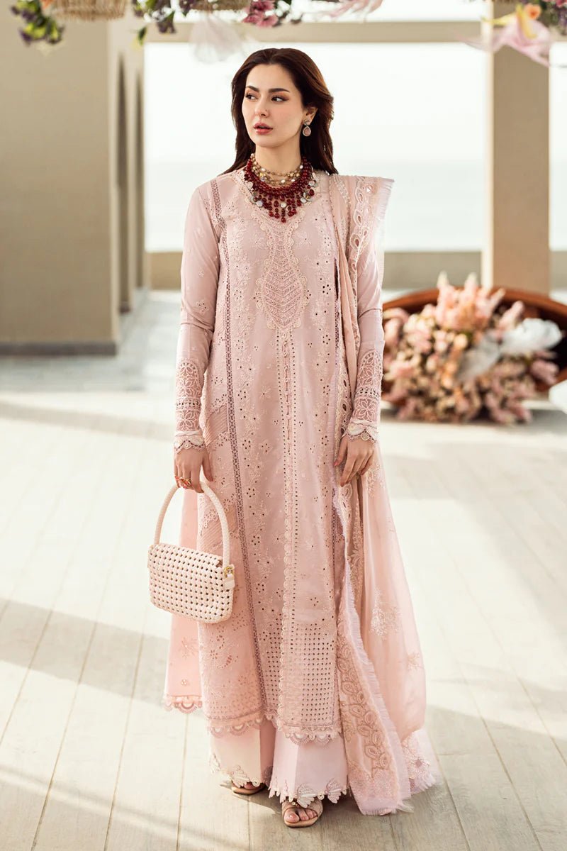 Model wearing Qalamkar Sahil Luxury Lawn '25 FK - 10 ZOE dress in soft pink with intricate embroidery. Shop Pakistani clothes online in the UK now.