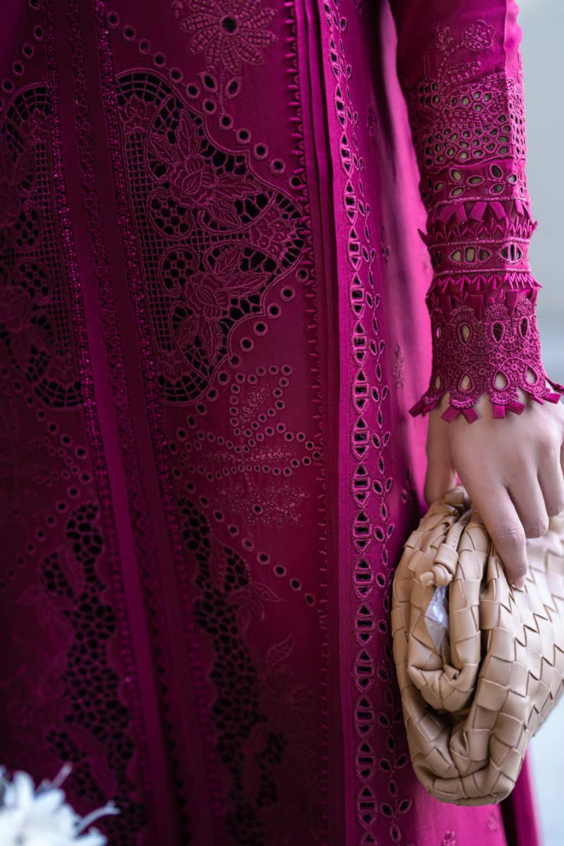 Model wearing Qalamkar Sahil Luxury Lawn '25 FK - 11 VIOLET dress in deep purple with intricate embroidery. Shop Pakistani clothes online in the UK now.