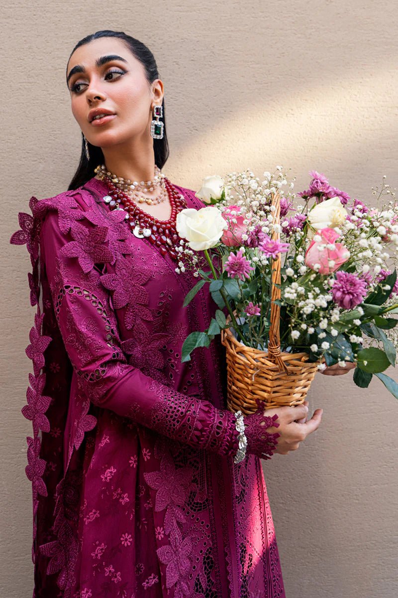 Model wearing Qalamkar Sahil Luxury Lawn '25 FK - 11 VIOLET dress in deep purple with intricate embroidery. Shop Pakistani clothes online in the UK now.