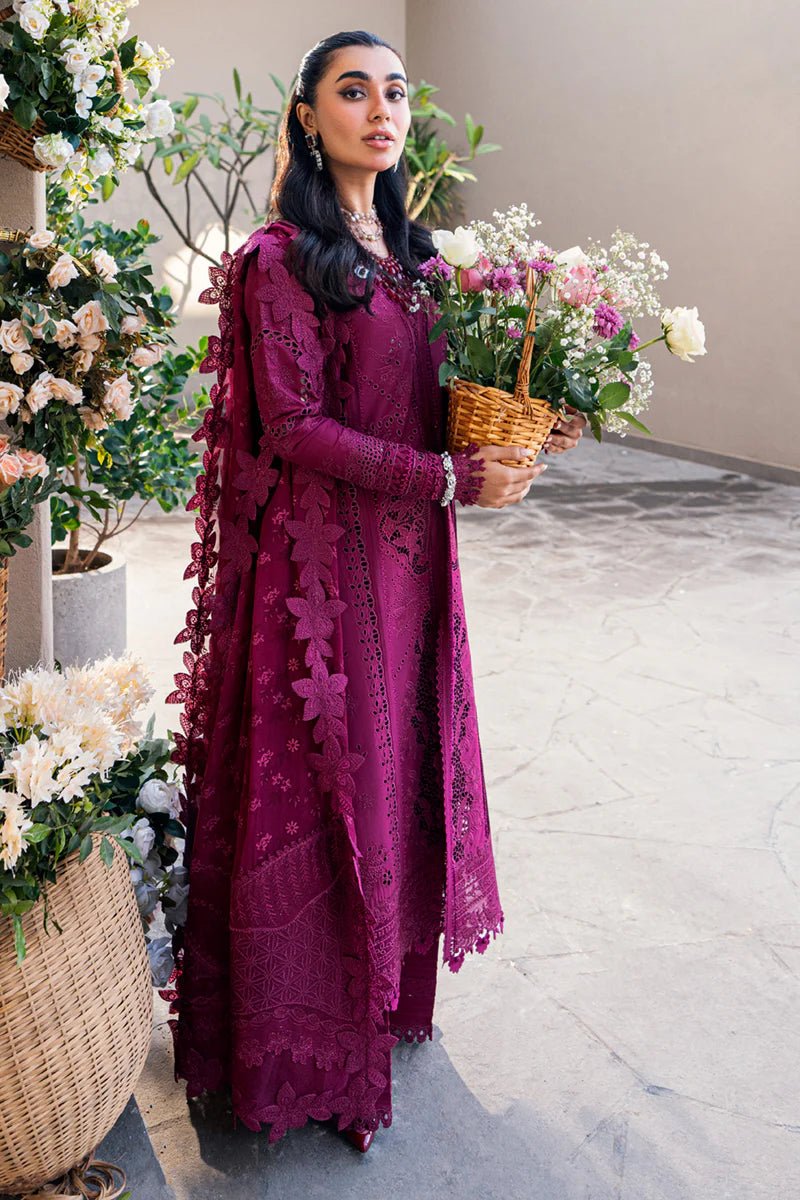 Model wearing Qalamkar Sahil Luxury Lawn '25 FK - 11 VIOLET dress in deep purple with intricate embroidery. Shop Pakistani clothes online in the UK now.