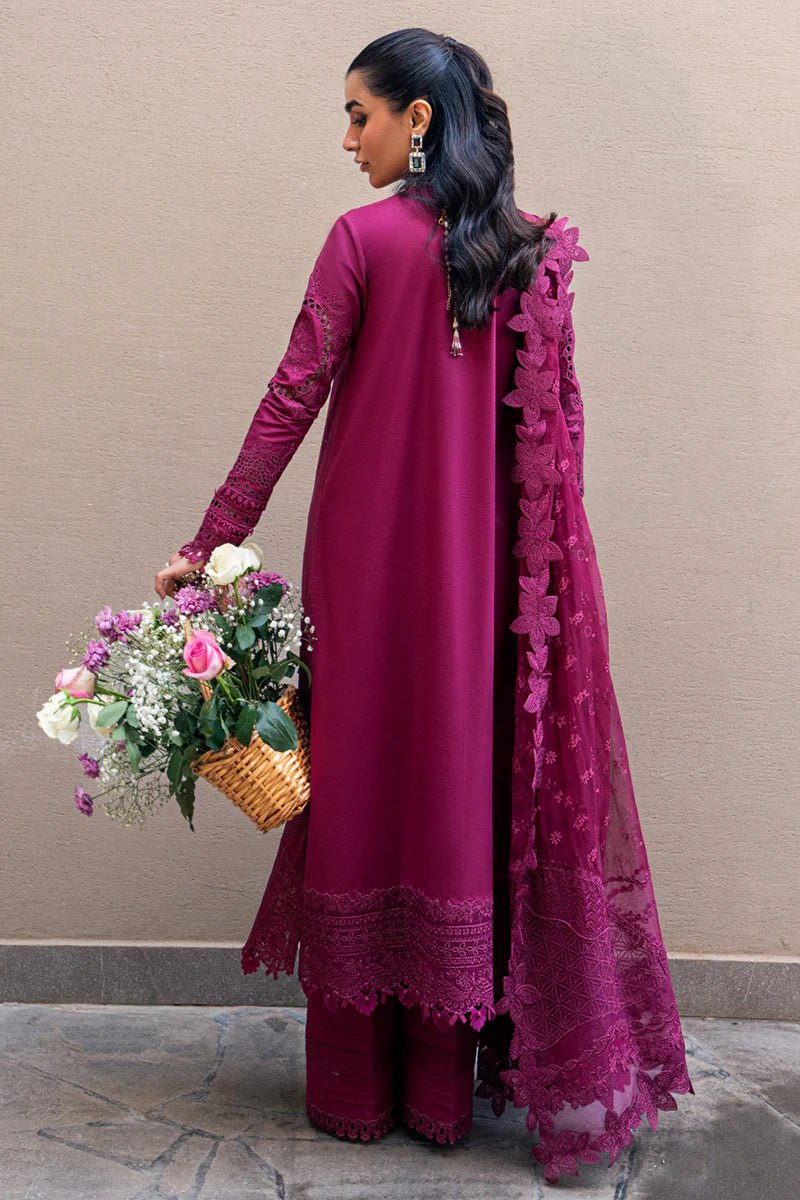 Model wearing Qalamkar Sahil Luxury Lawn '25 FK - 11 VIOLET dress in deep purple with intricate embroidery. Shop Pakistani clothes online in the UK now.