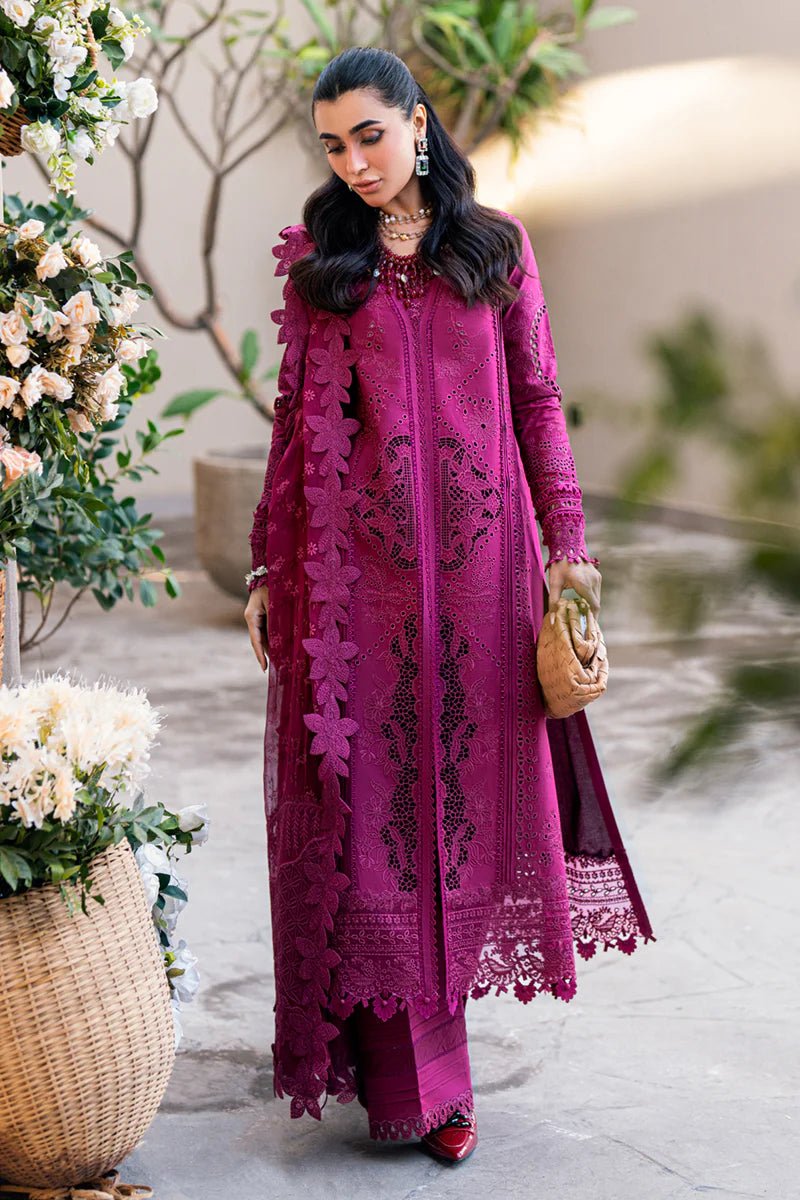 Model wearing Qalamkar Sahil Luxury Lawn '25 FK - 11 VIOLET dress in deep purple with intricate embroidery. Shop Pakistani clothes online in the UK now.
