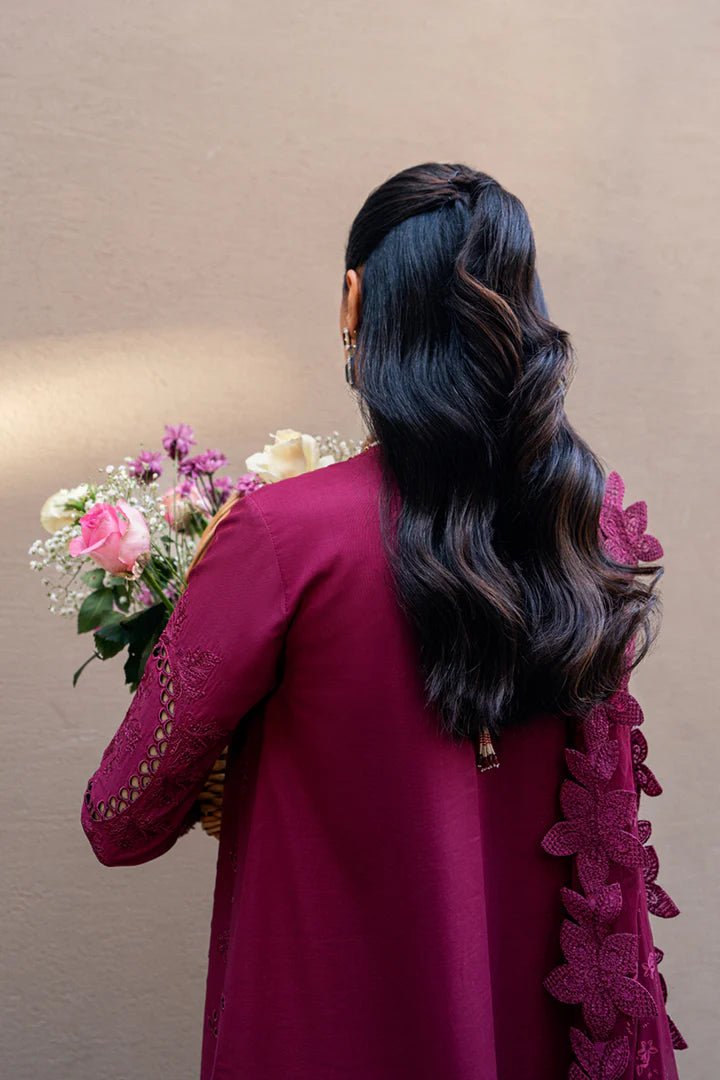 Model wearing Qalamkar Sahil Luxury Lawn '25 FK - 11 VIOLET dress in deep purple with intricate embroidery. Shop Pakistani clothes online in the UK now.