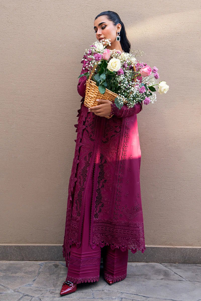Model wearing Qalamkar Sahil Luxury Lawn '25 FK - 11 VIOLET dress in deep purple with intricate embroidery. Shop Pakistani clothes online in the UK now.