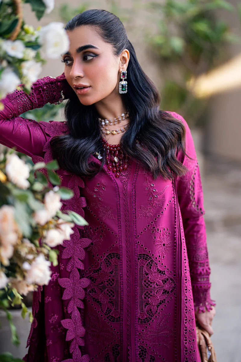 Model wearing Qalamkar Sahil Luxury Lawn '25 FK - 11 VIOLET dress in deep purple with intricate embroidery. Shop Pakistani clothes online in the UK now.