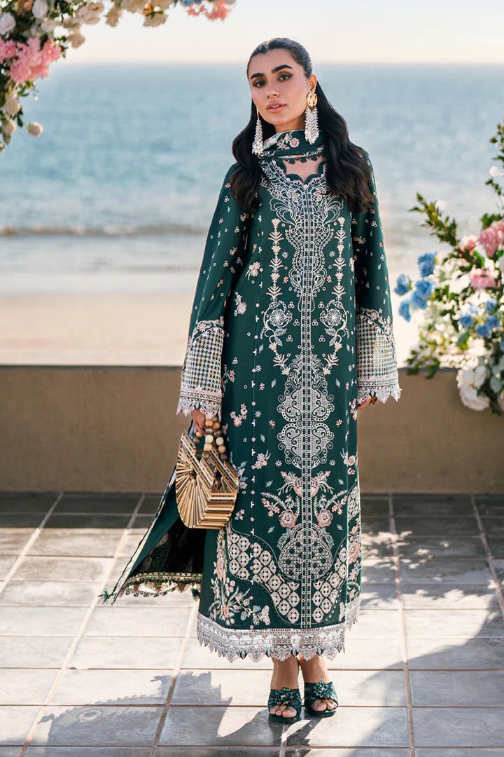 Model wearing deep green FK - 13 ELIZA dress from Qalamkar, a stylish Pakistani lawn suit perfect for summer clothes and lawn suits in the UK.