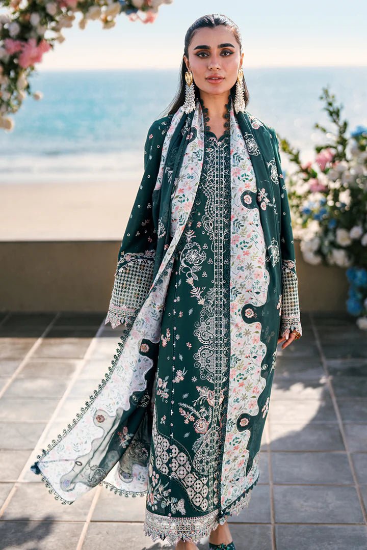 Model wearing deep green FK - 13 ELIZA dress from Qalamkar, a stylish Pakistani lawn suit perfect for summer clothes and lawn suits in the UK.