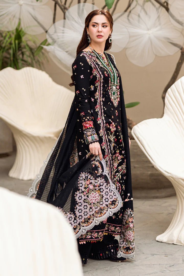Model wearing black FK - 15 HANNAH dress from Qalamkar, a stylish Pakistani lawn suit perfect for summer clothes and lawn suits in the UK.