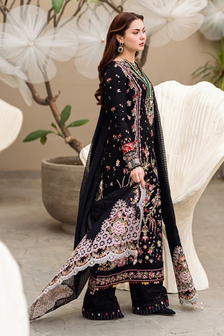 Model wearing black FK - 15 HANNAH dress from Qalamkar, a stylish Pakistani lawn suit perfect for summer clothes and lawn suits in the UK.