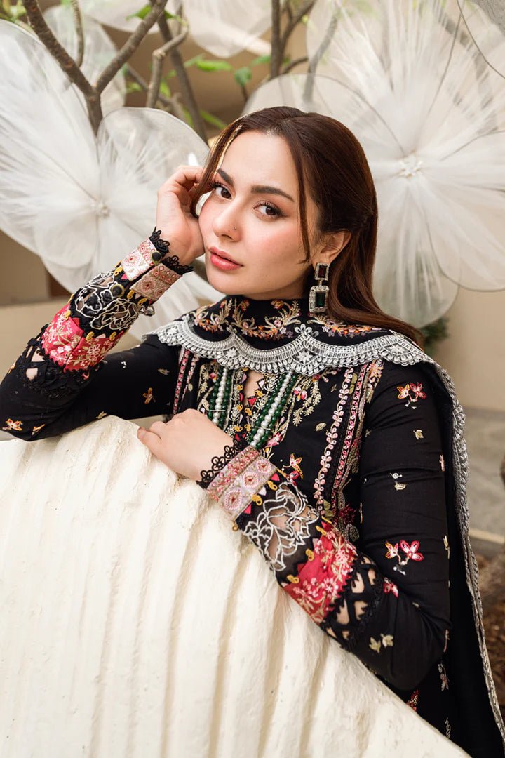 Model wearing black FK - 15 HANNAH dress from Qalamkar, a stylish Pakistani lawn suit perfect for summer clothes and lawn suits in the UK.