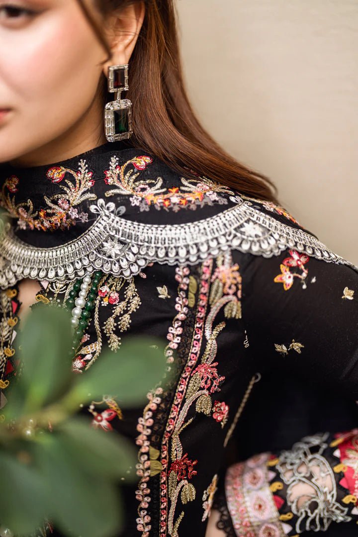 Model wearing black FK - 15 HANNAH dress from Qalamkar, a stylish Pakistani lawn suit perfect for summer clothes and lawn suits in the UK.