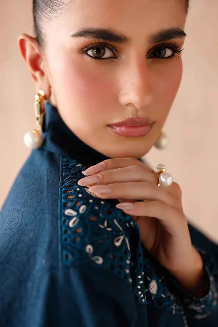 Model wearing navy blue embroidered coords EP-08 Rumi from Qalamkar, Pakistani luxury pret online in UK.