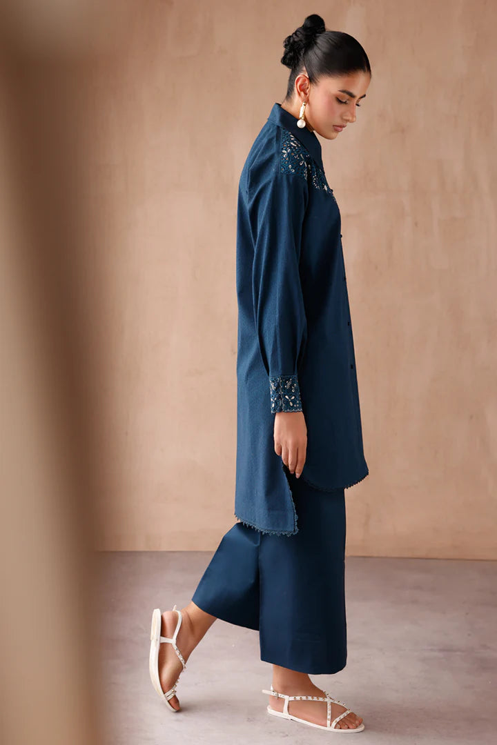 Model wearing navy blue embroidered coords EP-08 Rumi from Qalamkar, Pakistani luxury pret online in UK.