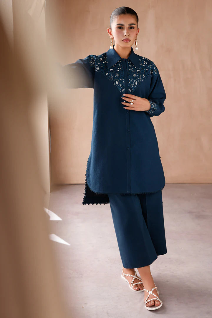 Model wearing navy blue embroidered coords EP-08 Rumi from Qalamkar, Pakistani luxury pret online in UK.