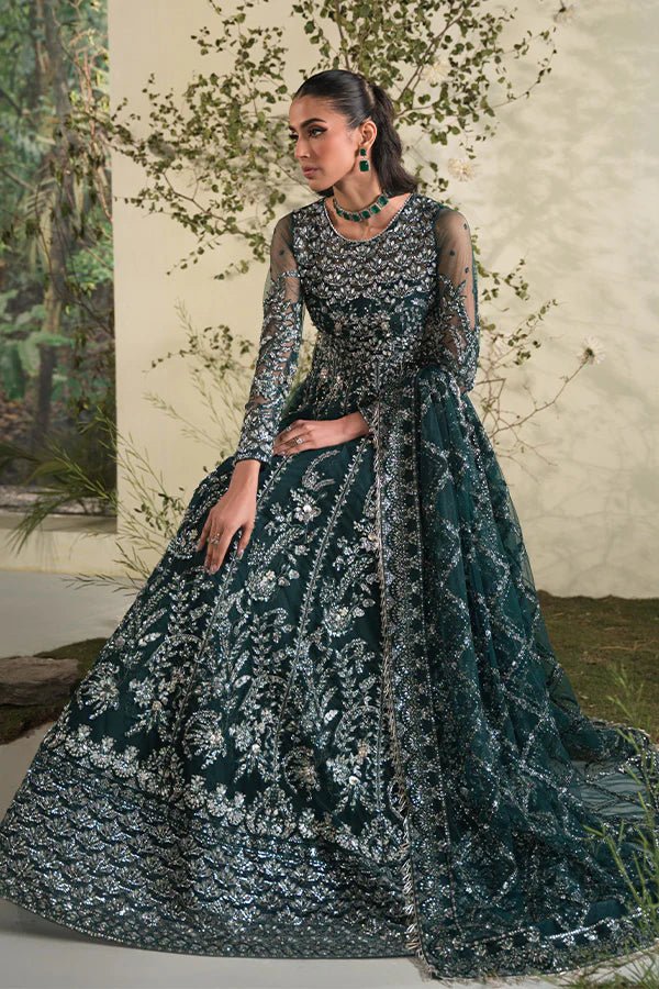 Model wearing Saffron Celeste Festive Edit '24 Mehri dress, showcasing Pakistani clothes online in UK.