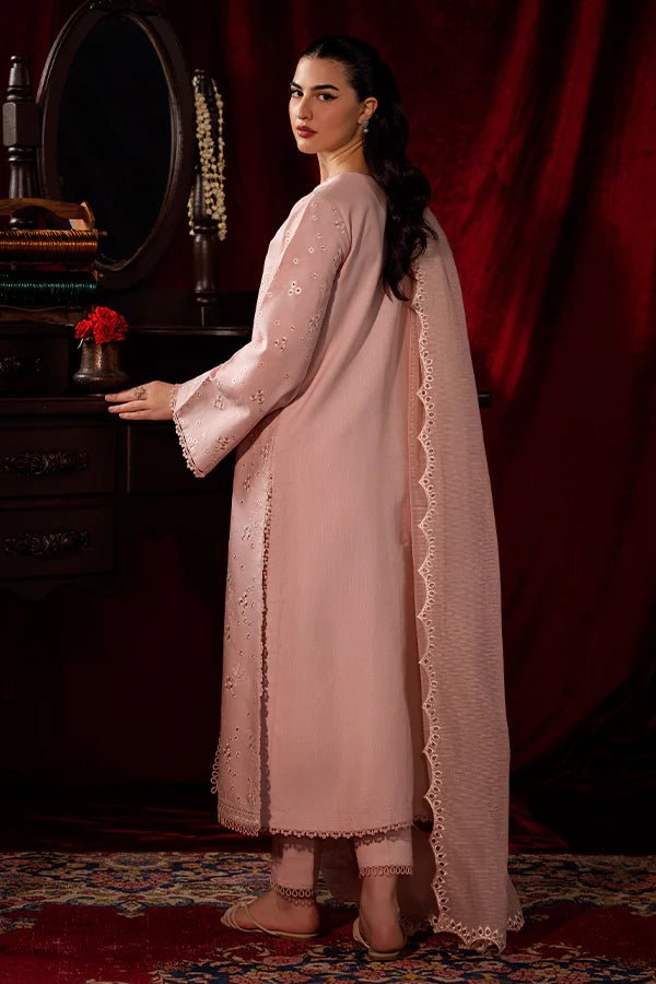 Model wearing a soft pink Petal Mist dress from Saffron, adorned with delicate embroidery, showcasing Pakistani designer clothes online in the UK, perfect for winter.