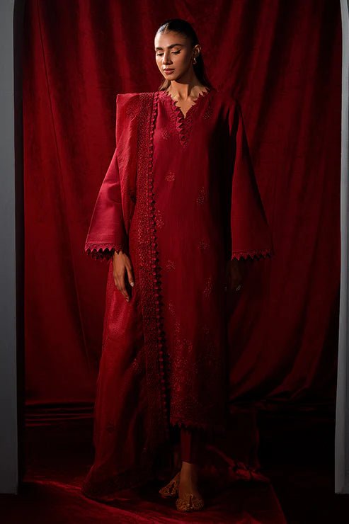 Elevate your winter style with Ruby Fable from Saffron's Celestial Fall '24 for £90. A bold maroon khaddar ensemble with intricate detailing. Shop Pakistani winter clothes online in UK at Signature Labels.