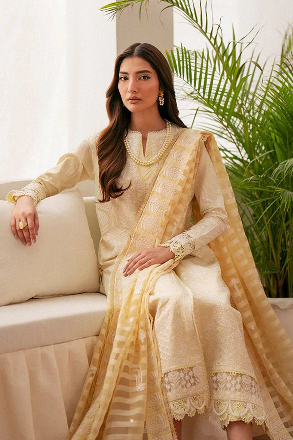 Experience the elegance of Lenora from Saffron's Mystere Festive Lawn collection, featuring a check lawn shirt and jacquard organza dupatta. Shop exquisite Pakistani clothes online in the UK at Signature Labels.