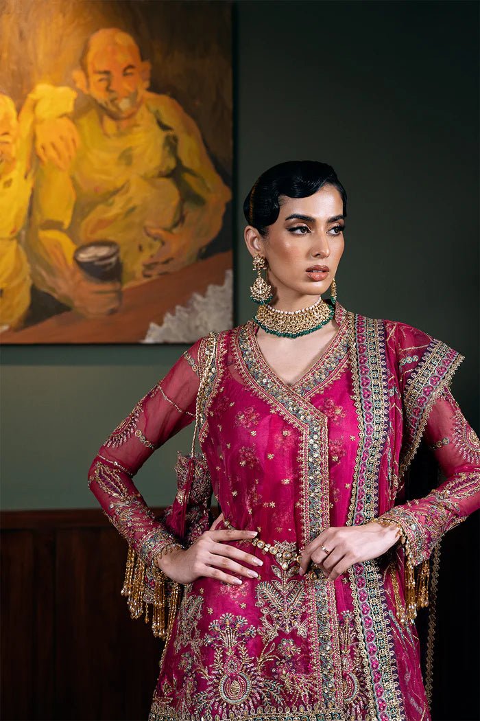 Model wearing ENORE - SRF - D - 07 from Saira Rizwan's Festive Unstitched collection in elegant teal. Luxury pret, festive, Pakistani clothes online in UK.