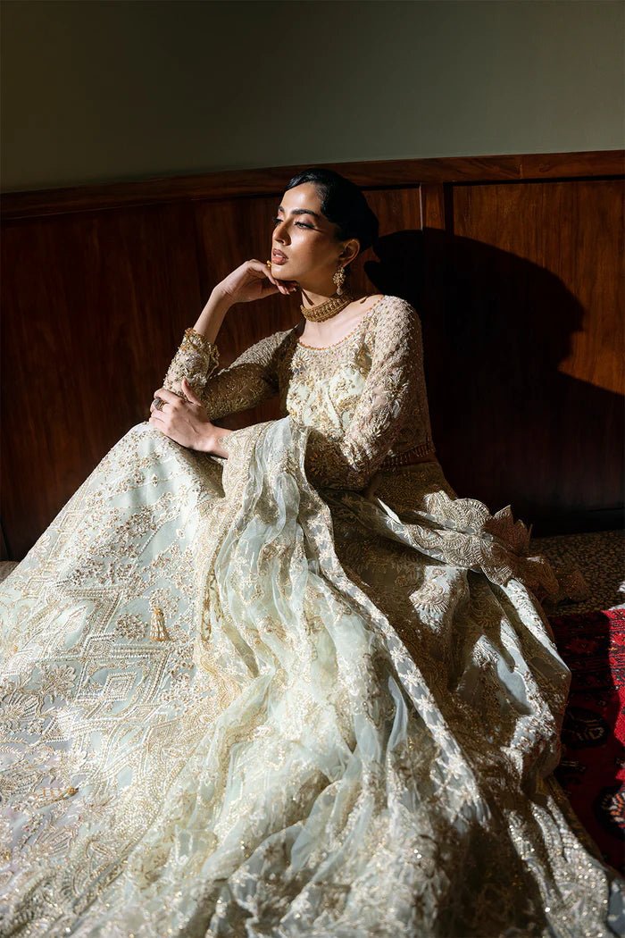 Model wearing LUCENT - SRF - D - 02 from Saira Rizwan's Festive Unstitched collection in soft peach. Luxury pret, festive, Pakistani clothes online in UK.