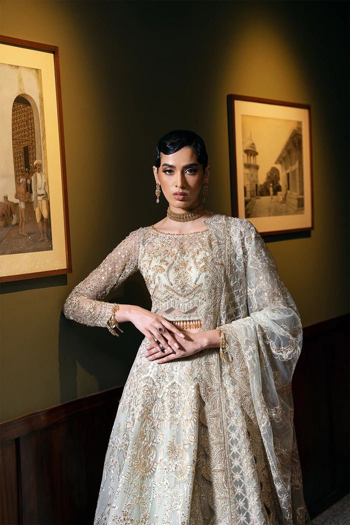 Model wearing LUCENT - SRF - D - 02 from Saira Rizwan's Festive Unstitched collection in soft peach. Luxury pret, festive, Pakistani clothes online in UK.