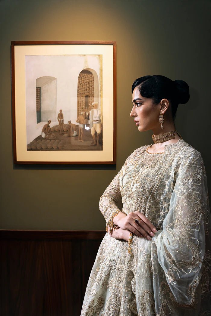 Model wearing LUCENT - SRF - D - 02 from Saira Rizwan's Festive Unstitched collection in soft peach. Luxury pret, festive, Pakistani clothes online in UK.