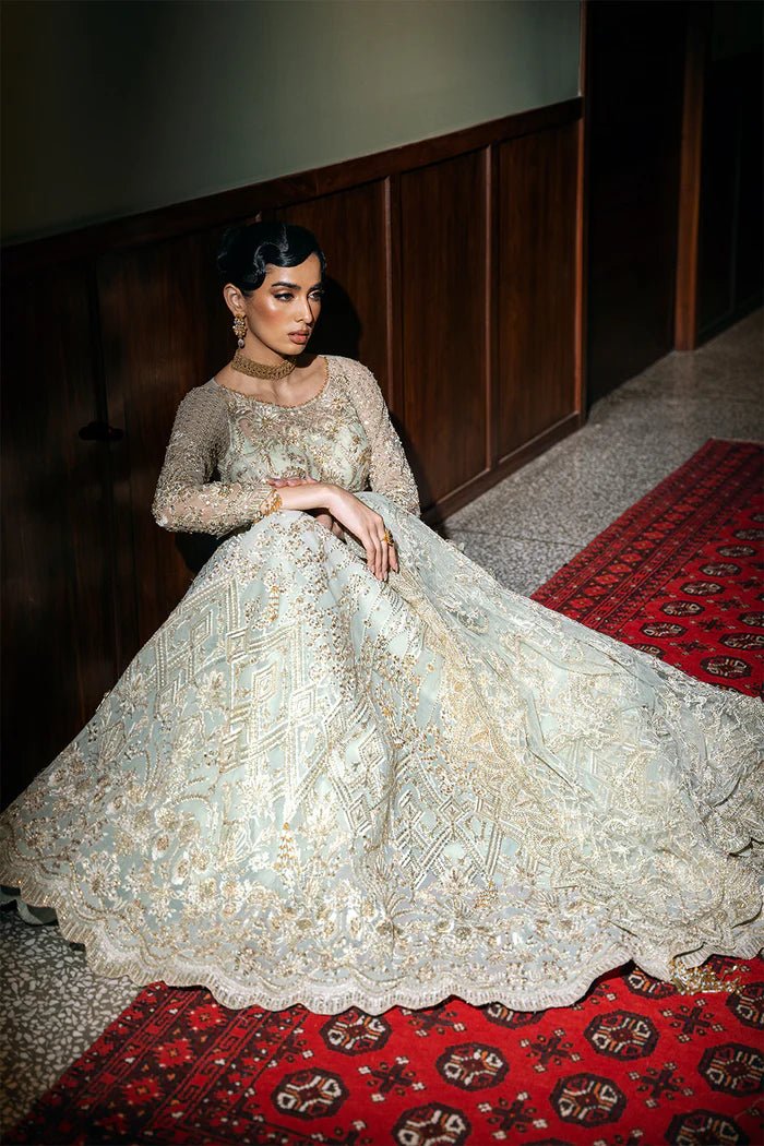 Model wearing LUCENT - SRF - D - 02 from Saira Rizwan's Festive Unstitched collection in soft peach. Luxury pret, festive, Pakistani clothes online in UK.