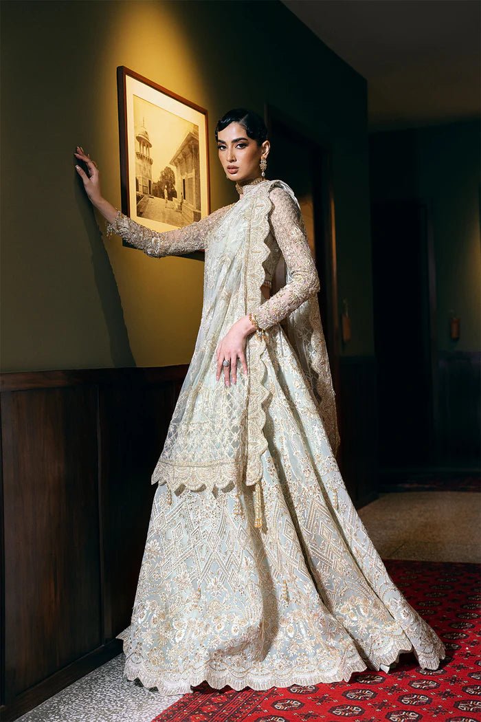 Model wearing LUCENT - SRF - D - 02 from Saira Rizwan's Festive Unstitched collection in soft peach. Luxury pret, festive, Pakistani clothes online in UK.