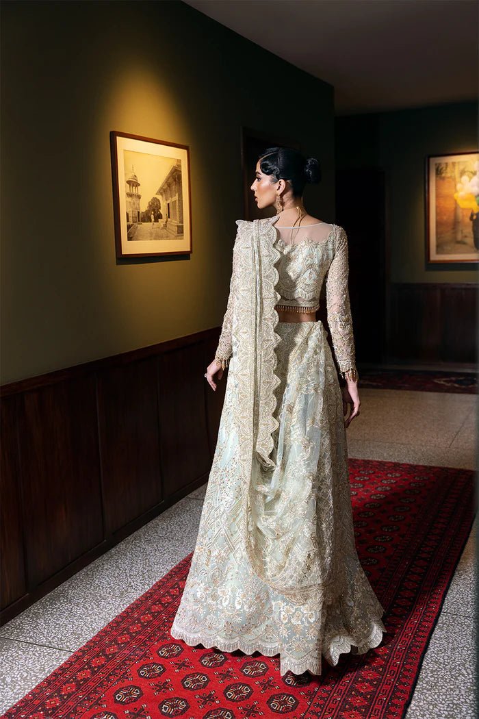 Model wearing LUCENT - SRF - D - 02 from Saira Rizwan's Festive Unstitched collection in soft peach. Luxury pret, festive, Pakistani clothes online in UK.