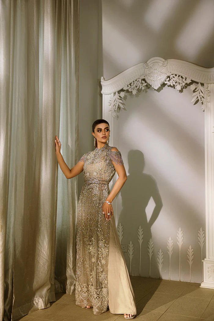 Model wearing Saira Rizwan ILLIANA Luxury Pret Amelia dress, showcasing Pakistani clothes online in the UK.