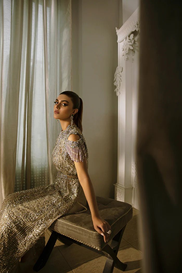 Model wearing Saira Rizwan ILLIANA Luxury Pret Amelia dress, showcasing Pakistani clothes online in the UK.