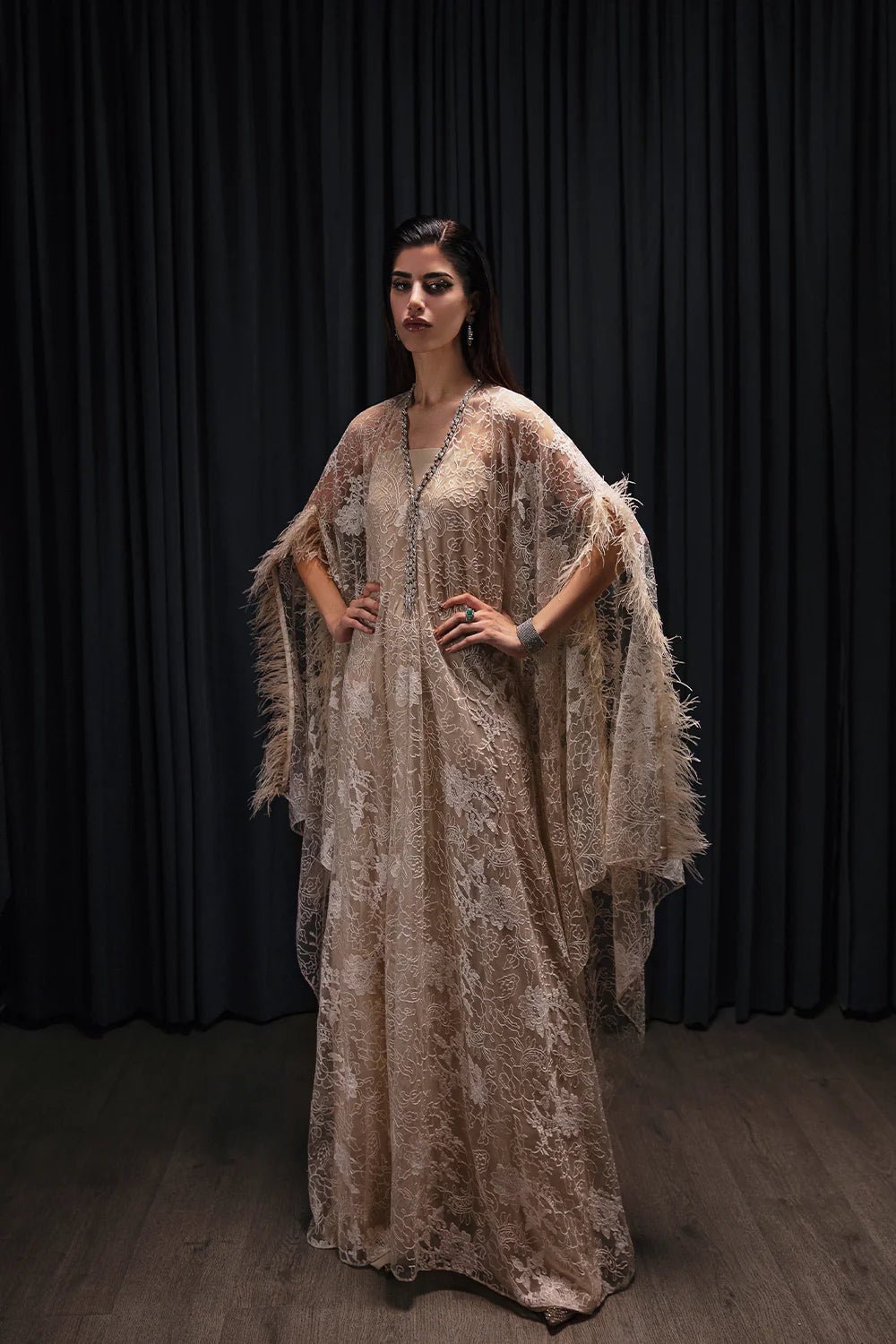 Model wearing Saira Rizwan Luxury Pret Chantilly '23 LILITH dress, showcasing Pakistani clothes online in UK.