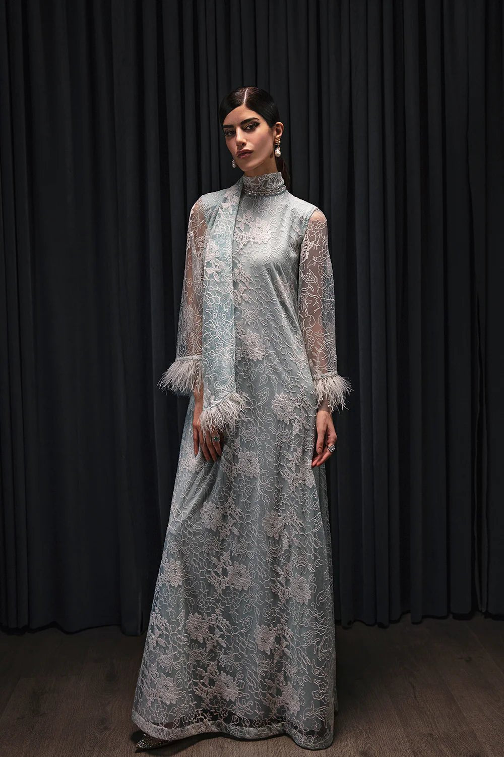Model wearing Saira Rizwan Luxury Pret Chantilly '23 NEVAN dress, showcasing Pakistani clothes online in UK.