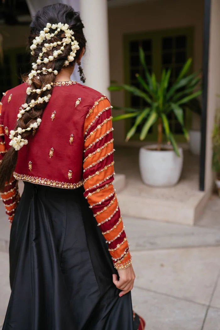 Model wearing Saira Rizwan Mehndi Bridals Ruhi dress, showcasing Pakistani clothes online in UK.