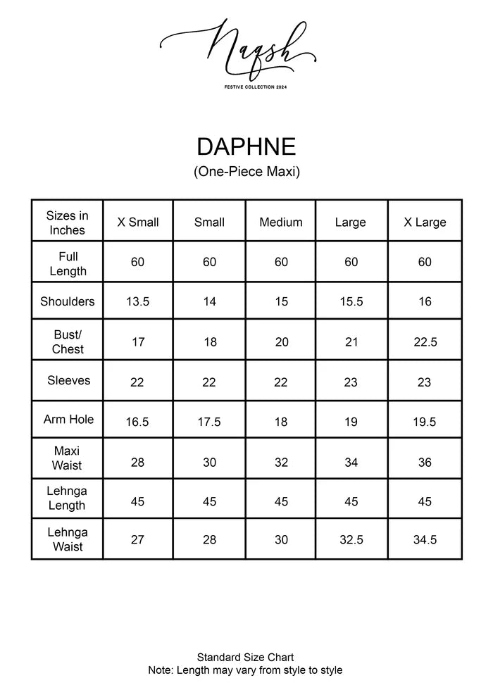 Saira Rizwan Daphne outfit Size Chart