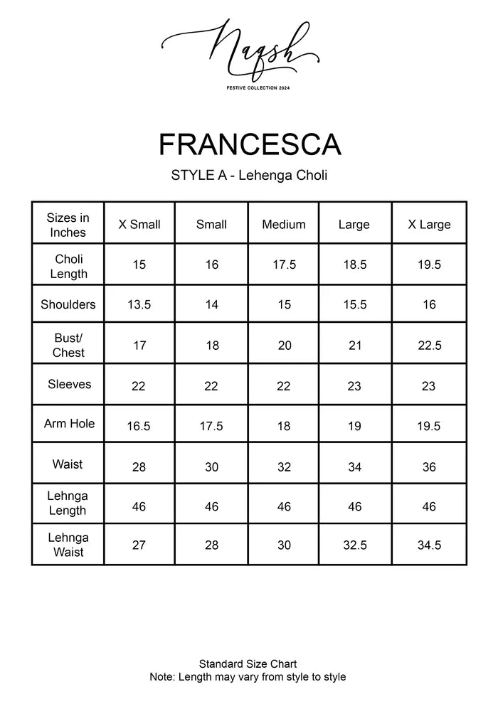 Size chart for SRN24 - 03 FRANCESCA lehnga choli style from Saira Rizwan's Naqsh Festive '24 collection.