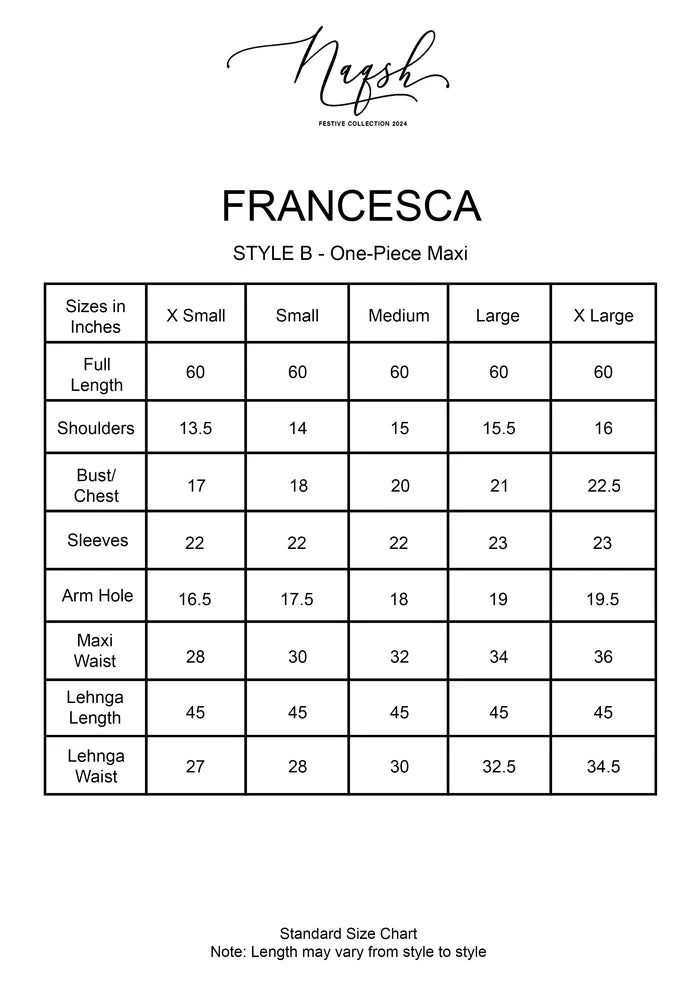 Size chart for SRN24 - 03 FRANCESCA Maxi style from Saira Rizwan's Naqsh Festive '24 collection.