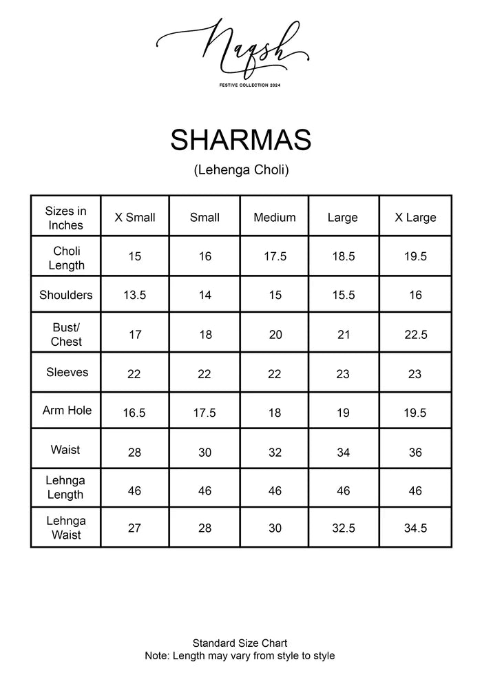 Size chart for SRN24 - 04 SHARMAS lehenga choli from Saira Rizwan's Naqsh Festive '24 collection.