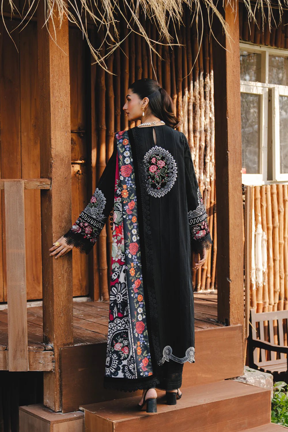 Model wearing REVNA - SRW24 - 08 from Saira Rizwan's Winter Unstitched '24 Collection featuring intricate designs. Pakistani clothes online in UK.